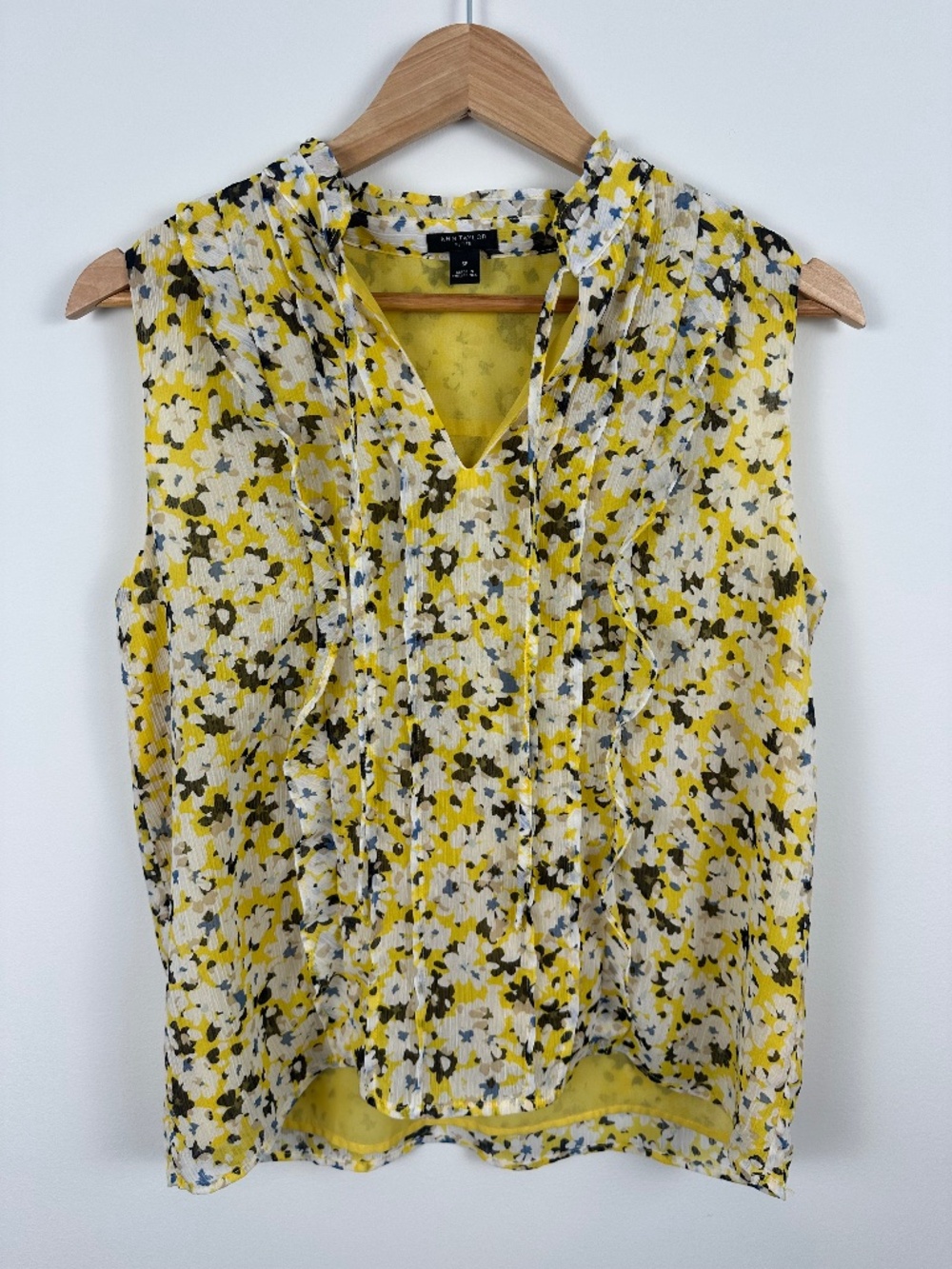 Ann Taylor Petite Yellow Floral Sleeveless Ruffle Neck Blouse, Size S